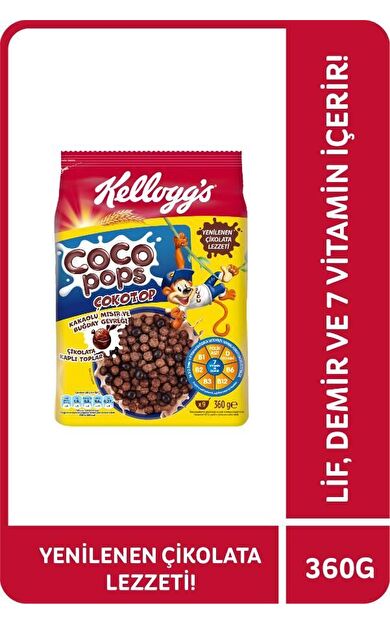 Kellogg's Coco Pops Çokotop Çikolatalı Buğday ve Mısır Gevreği 360 Gr, Lif,Demir ve 6 Vitamin içerir