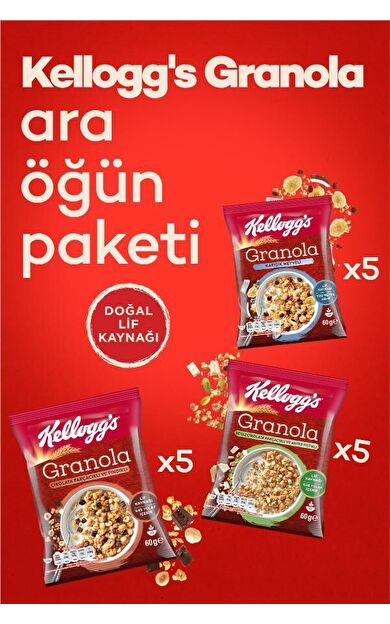 Kellogg's Granola 60 Gr x15 Adet,Çikolata Parçacıklı&Fındık,Meyveli,Antep Fıstıklı&Beyaz Çikolata
