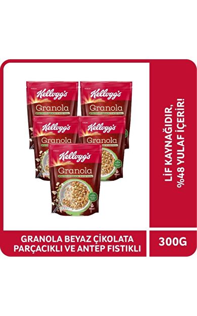 Kellogg's Granola Beyaz Çikolata Parçacıklı&Antep Fıstıklı 300Gr x 5 Adet, %46 Yulaf içerir, Lif Kaynağı
