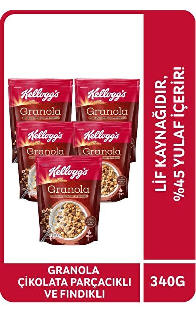 Kellogg's Granola Çikolata Parçacıklı ve Fındıklı 340 Gr x 5 Adet, %44 Yulaf, Lif Kaynağı, Kahvaltılık Gevrek