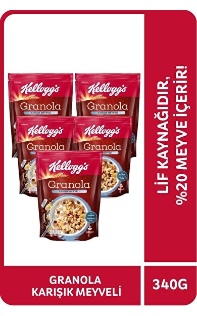 Kellogg's Granola Karışık Meyveli 340 Gr x 5 Adet, %45 Yulaf içerir, Lif Kaynağı, %20 Kurutulmuş Meyve