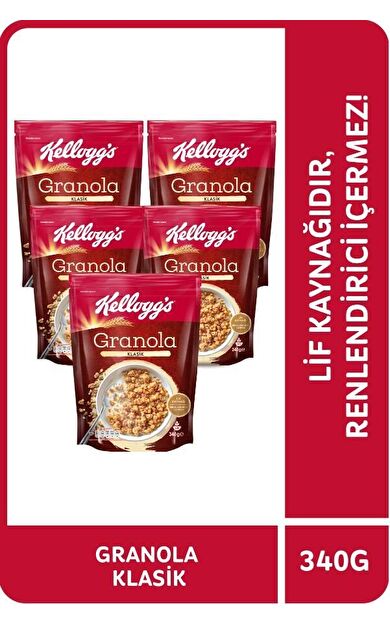 Kellogg's Granola Klasik 340 Gr x 5 Adet, %56 Yulaf içerir, Lif Kaynağı, Kahvaltılık Gevrek