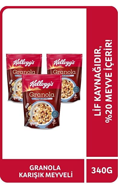 Kellogg's Karışık Meyveli Granola 340 Gr x3 Adet,%45 Yulaf içerir,Lif Kaynağı,%20 Kurutulmuş Meyve