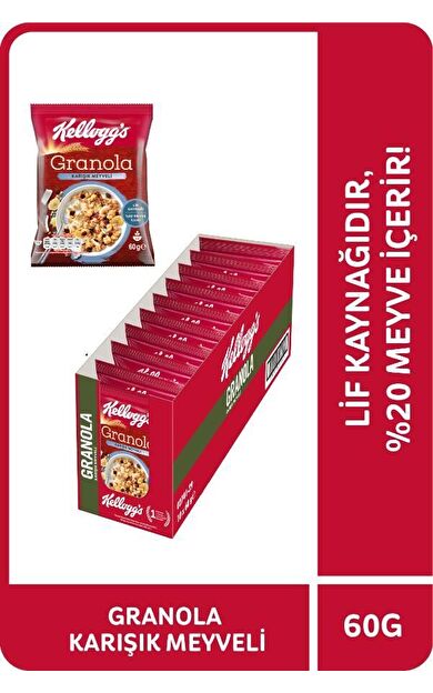 Kellogg's Karışık Meyveli Granola 60 Gr x10 Adet,%45 Yulaf içerir,Lif Kaynağı,%20 Kurutulmuş Meyve