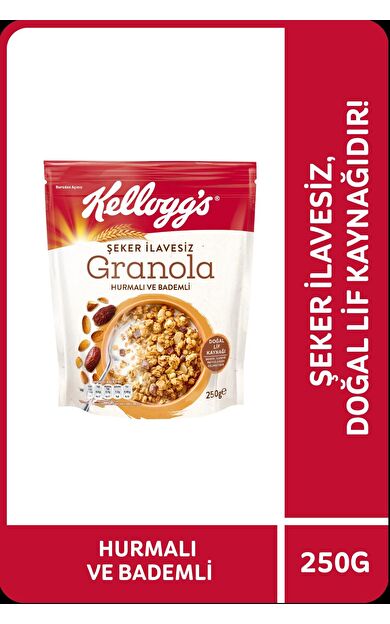 KELLOGG'S ŞEKER İLAVESİZ GRANOLA HURMALI VE BADEMLİ 250 GRAM,%43 YULAF İÇERİR, LİF KAYNAĞI