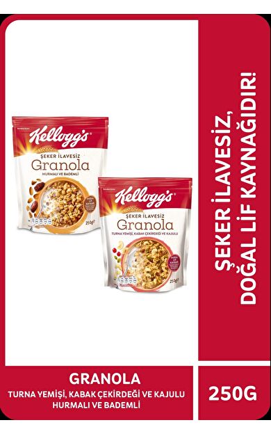 KELLOGG'S ŞEKER İLAVESİZ GRANOLA PAKETİ, TURNA YEMİŞİ, KABAK ÇEKİRDEĞİ VE KAJULU & HURMALI VE BADEMLİ 250 GRAM, LİF KAYNAĞI
