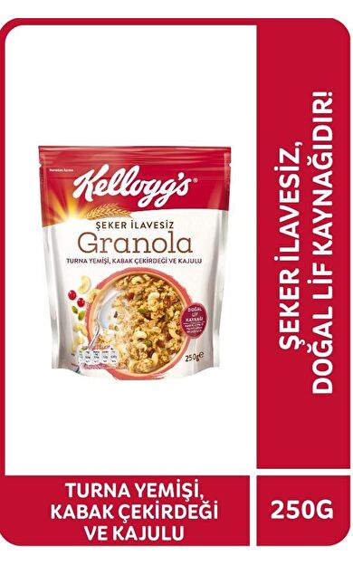 KELLOGG'S ŞEKER İLAVESİZ GRANOLA TURNA YEMİŞİ, KABAK ÇEKİRDEĞİ VE KAJULU  250 GR,%42 YULAF İÇERİR, LİF KAYNAĞI
