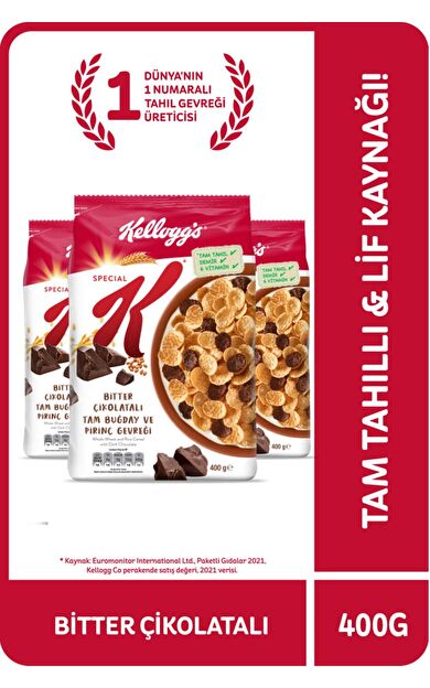 Kellogg's Special K Bitter Çikolatalı Kahvaltılık Tam Buğday ve Pirinç Gevreği 400 Gr x 3 Adet, Tam Tahıllı