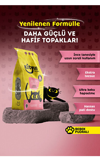 Kityus İnce Taneli Tozsuz, Topaklanan Bebek Pudralı Bentonit Kedi Kumu 10Lt