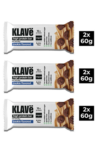 Klave Yüksek Protein Bar Kakaolu &amp; Kurabiye Aromalı - 60g x 6 Adet - 15g Protein, Vegan ve Glutensiz