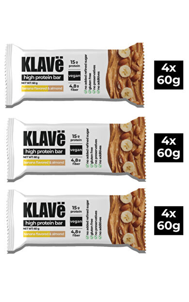 Klave Yüksek Protein Bar Muz Aromalı ve Bademli - 60g x 12 Adet - 15g Protein, Vegan ve Glutensiz