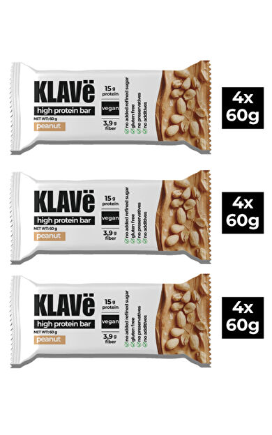 Klave Yüksek Protein Bar Yer Fıstıklı - 60g x 12 Adet - 15g Protein, Vegan ve Glutensiz