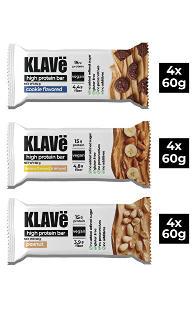 Klave Yüksek Protein Bar Karma - 60g x 12 Adet - 15g Protein, Vegan ve Glutensiz