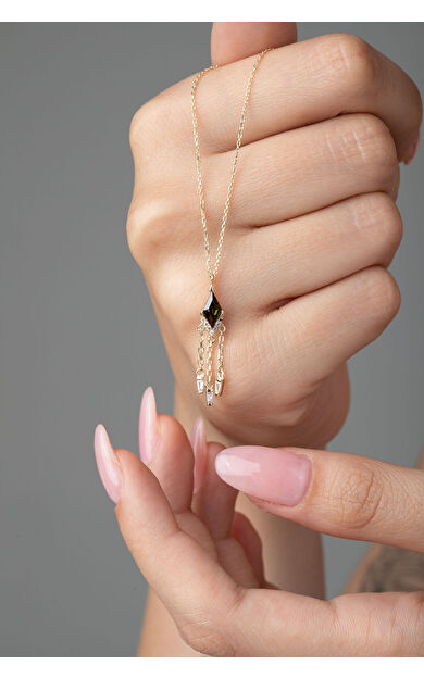 Kolyecik 14 Ayar Altın Yeşil Taş Zincir Sallantılı Kolye