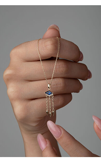 Kolyecik 14 Ayar Altın Lacivert Taş Zincir Sallantılı Kolye