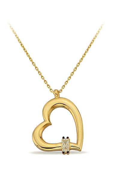 Kolyecik 14 Ayar Altın Baget Tasli Kalp Kolye