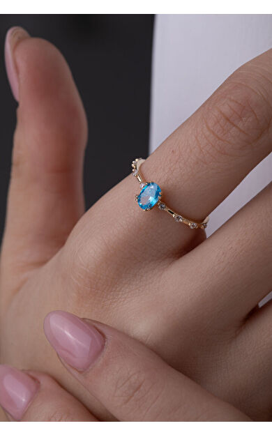 Kolyecik 14 Ayar Altın Aqua Oval Taş Yüzük