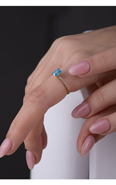 Kolyecik 14 Ayar Altın Aqua Taşlı Baget Yüzük