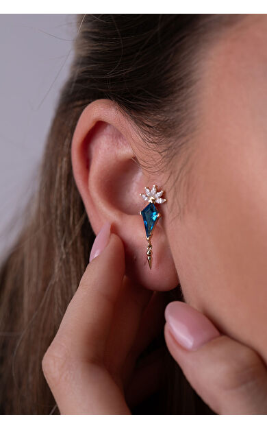 Kolyecik 14 Ayar Altın Mavi Taş Küpe