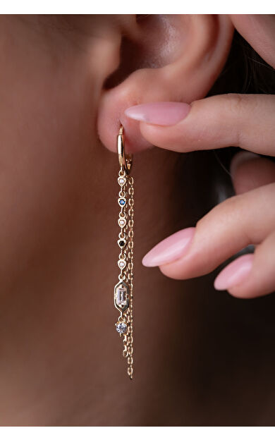 Kolyecik 14 Ayar Altın Renkli Zincir Sallantılı Küpe