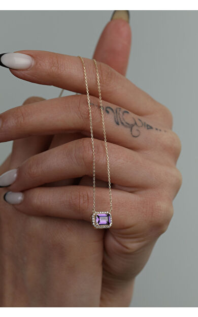 Kolyecik 14 Ayar Altın Baget Kolye (Amatist)