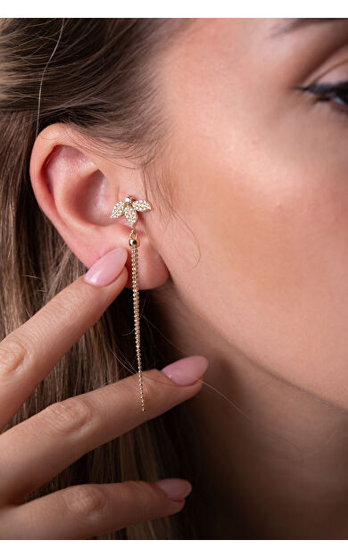 Kolyecik 14 Ayar Altın Lotus Zincir Sallantılı Küpe