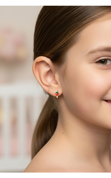 Kolyecik 14 Ayar Altın Çilek Çocuk Küpe