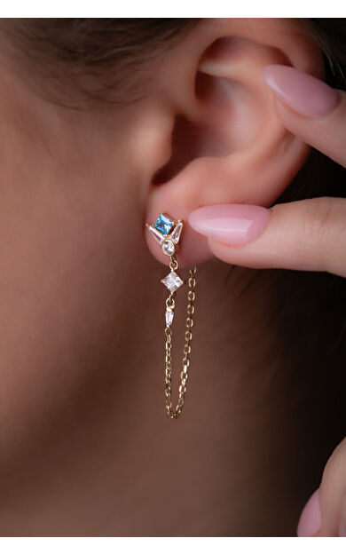 Kolyecik 14 Ayar Altın Zincir Sallantılı Mavi Taş Küpe