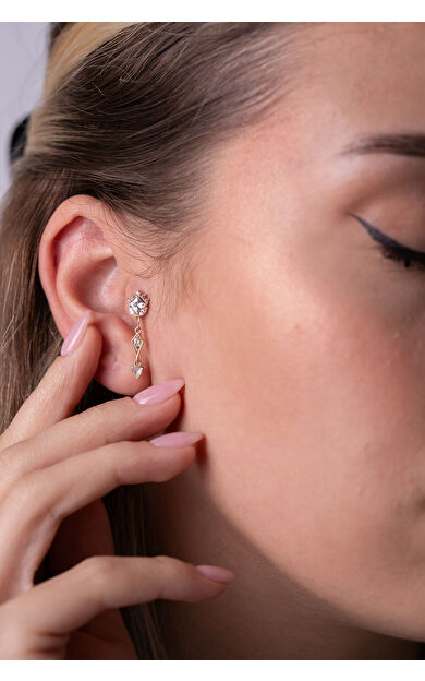 Kolyecik 14 Ayar Altın Beyaz Taşlı Sallantılı Küpe