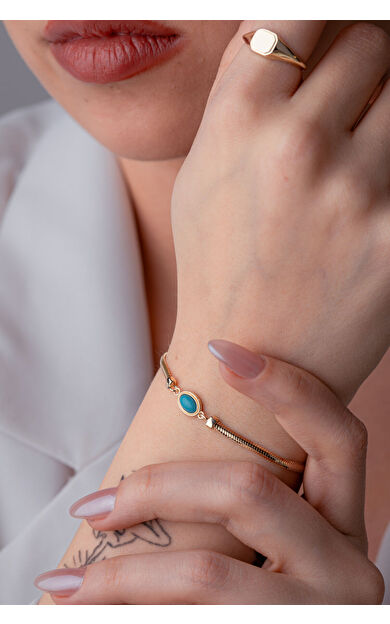 Kolyecik 14 Ayar Altın Firuze Taşlı Balıksırtı Bileklik