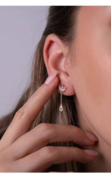 Kolyecik 14 Ayar Altın Lotus Damla Sallantılı Küpe