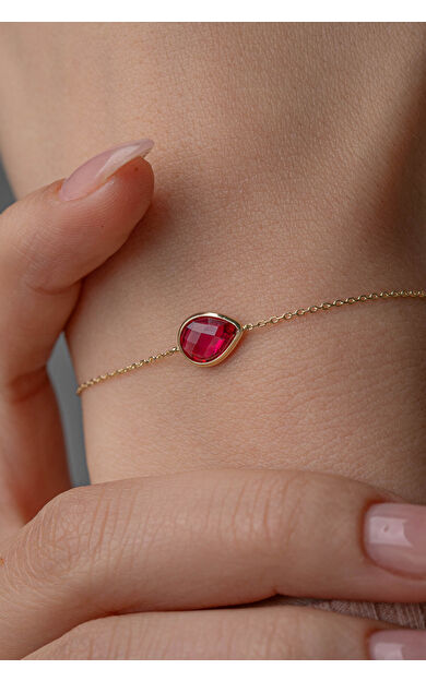 Kolyecik 14 Ayar Altın Fuşya Damla Taş Bileklik