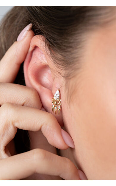 Kolyecik 14 Ayar Altın Sallantılı Beyaz Taşlı Küpe