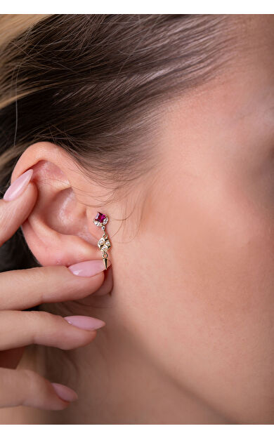 Kolyecik 14 Ayar Altın Kırmızı Taş Sallantılı Küpe