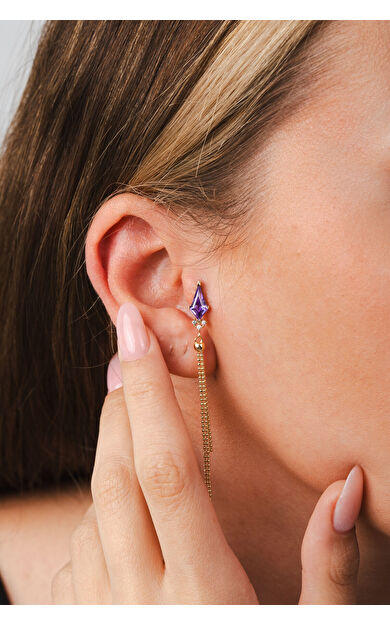 Kolyecik 14 Ayar Altın Mor Uçurtma Taş Zincir Küpe