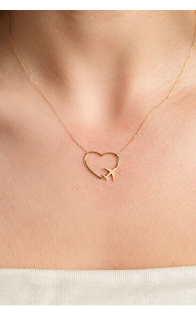 Kolyecik 14 Ayar Altın Kalpli Uçak Kolye