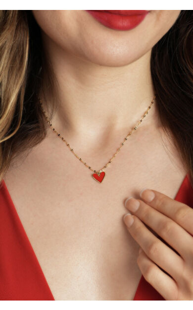 Kolyecik 14 Ayar Altın Kırmızı Kalp Kolye