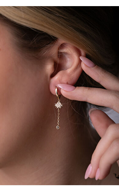 Kolyecik 14 Ayar Altın Güneş Zincir Sallantılı Küpe