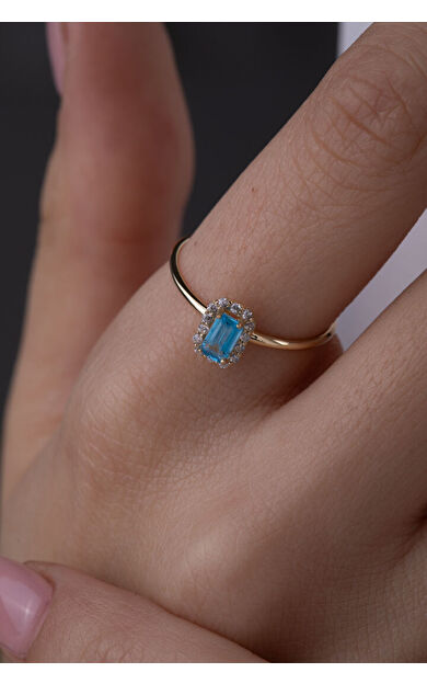 Kolyecik 14 Ayar Altın Mavi Taşlı Baget Yüzük