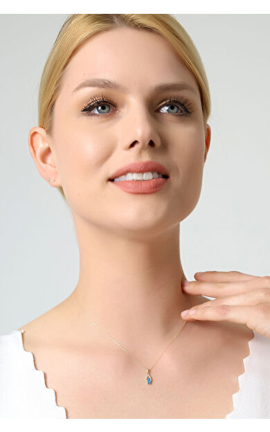 Kolyecik 14 Ayar Altın Mavi Taşlı Damla Kolye