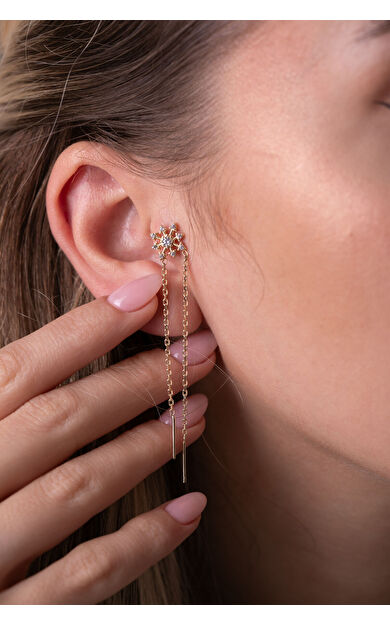 Kolyecik 14 Ayar Altın Ok Zincir Sallantılı Küpe