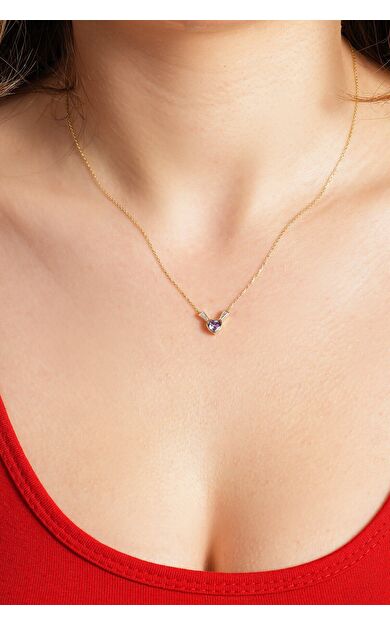 Kolyecik 14 Ayar Altın Mor Kalp Kolye