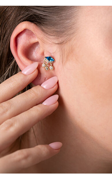 Kolyecik 14 Ayar Altın Mavi Taş Sallantılı Küpe