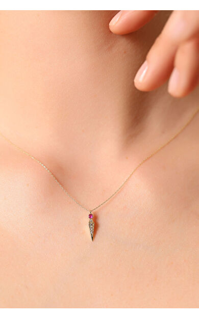 Kolyecik 14 Ayar Altın Pembe Taş Sivri Uç Kolye