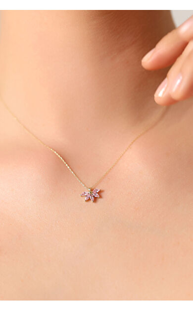 Kolyecik 14 Ayar Altın Pembe Taşlı Kolye