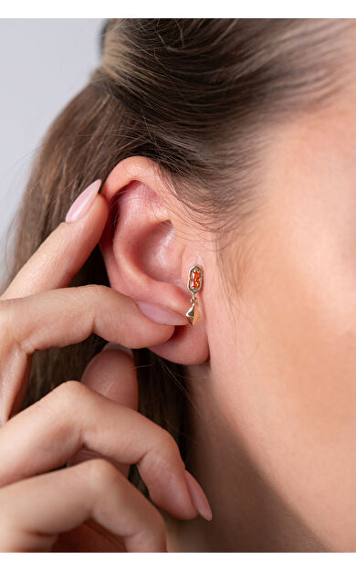 Kolyecik 14 Ayar Altın Turuncu Taşlı Sallantılı Küpe