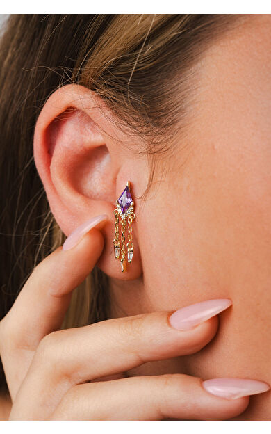 Kolyecik 14 Ayar Altın Amatist Taşlı Sallantılı Küpe