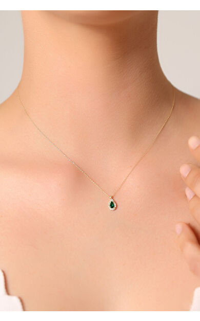 Kolyecik 14 Ayar Altın Yeşil Taş Damla Kolye