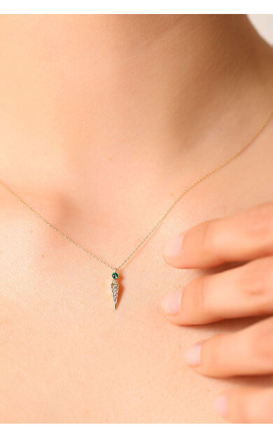 Kolyecik 14 Ayar Altın Yeşil Taş Sivri Uç Kolye