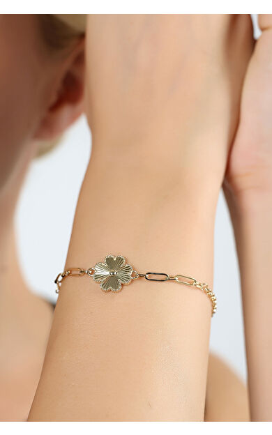 Kolyecik 14 Ayar Altın Yonca Detaylı Zincir Bileklik